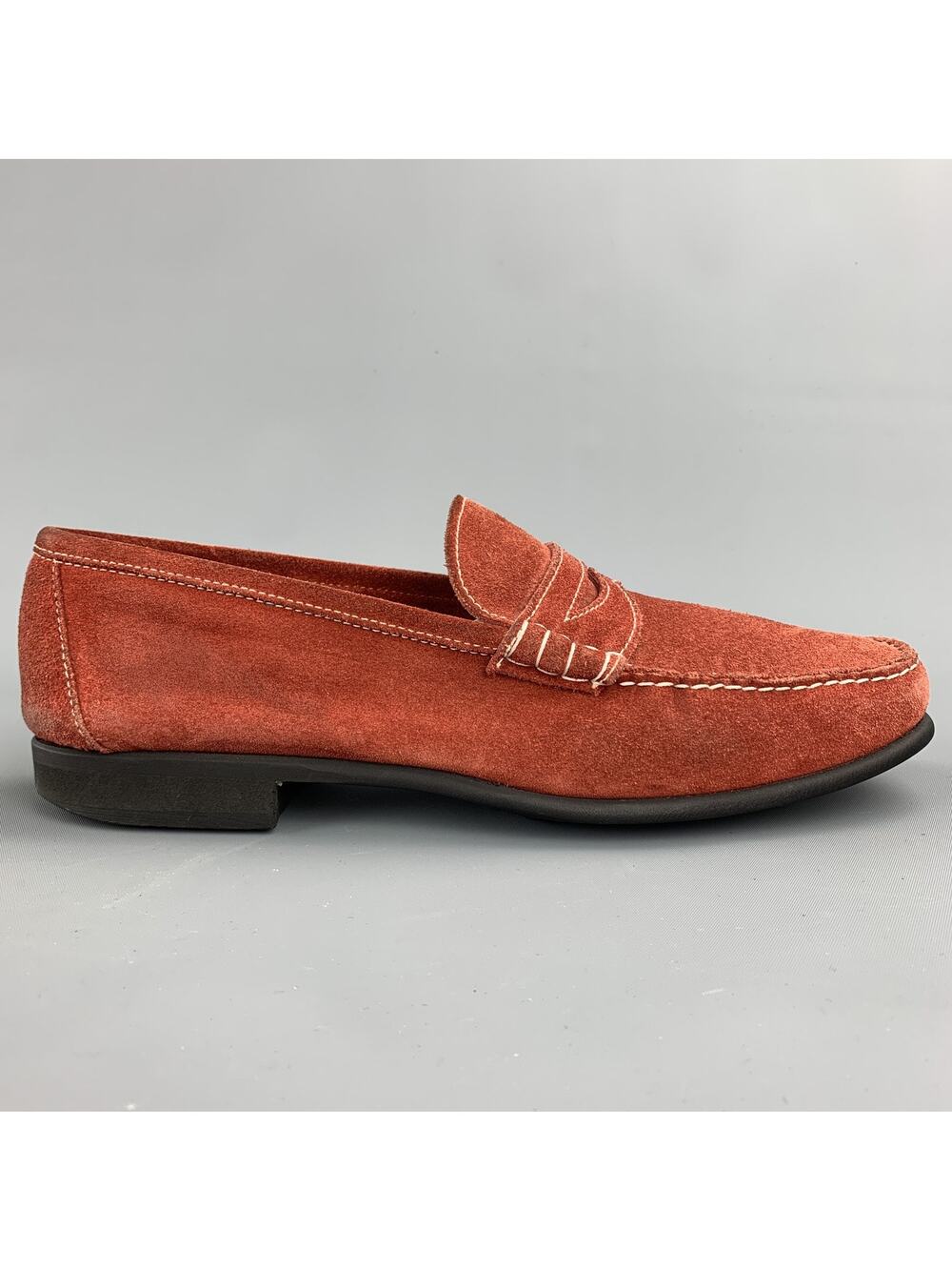 BATTISTONI Size 7.5 Brick Contrast Stitch Suede Slip On Penny Loafers